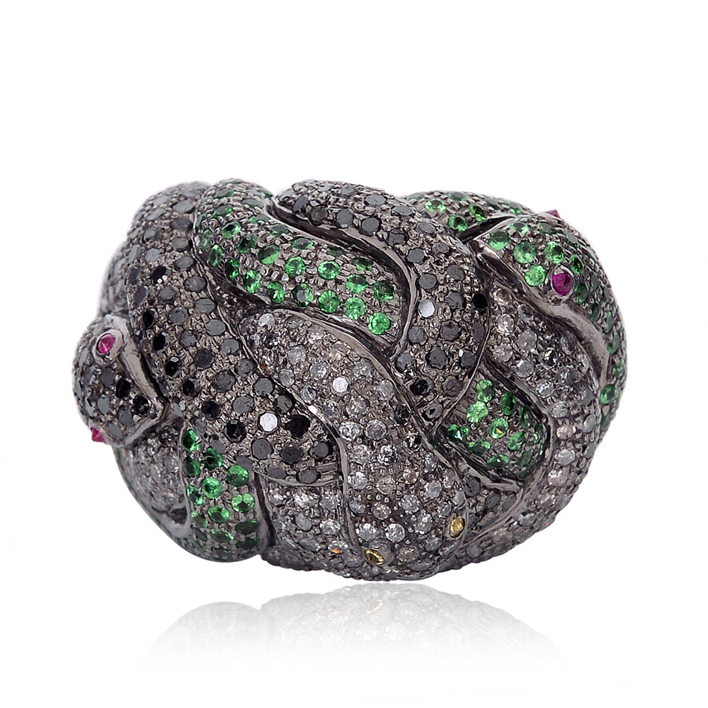 Natural Diamond Tsavorite Gemstone Multiple Snake Charm Cocktail Ring 925 Silver Gift