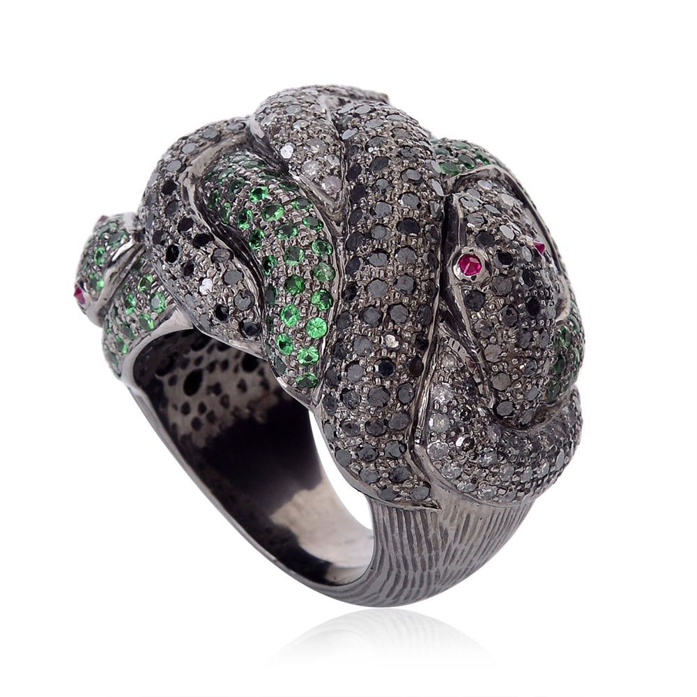 Natural Diamond Tsavorite Gemstone Multiple Snake Charm Cocktail Ring 925 Silver Gift