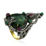 Ruby & Tourmaline Emerald Gemstone 18k Gold Sterling Silver Pave Diamond Long Ring Jewelry