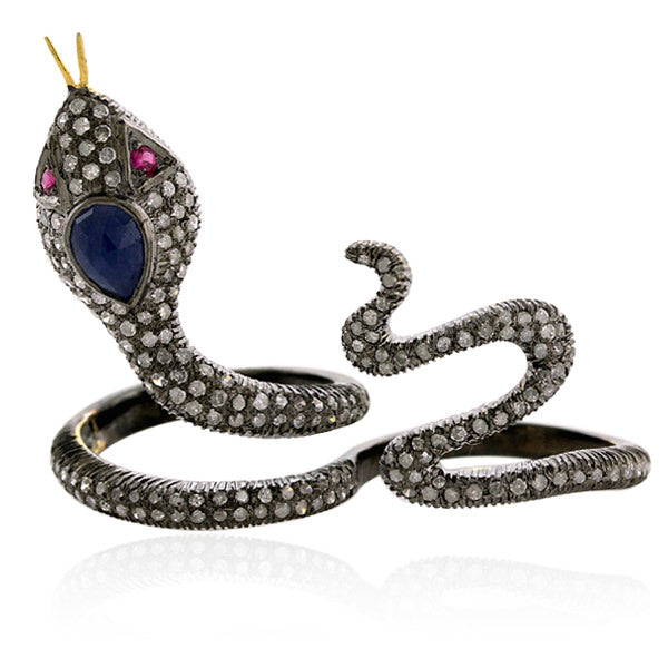 Pave Diamond Gemstone 18k Gold Silver Wrap Snake Two Finger Ring Gift