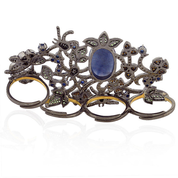 Floral Style Sapphire Tsavorite Diamond Armor Ring 18k Gold 925 Silver Jewelry