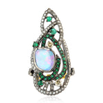 925 Sterling Silver 18k Gold Opal Doublet Diamond Cocktail Ring Handmade Jewelry