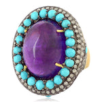 Natural Amethyst Cocktail Ring 18k Gold 925 Silver Turquoise Jewelry February Birthstone Jewelry