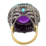 Natural Amethyst Cocktail Ring 18k Gold 925 Silver Turquoise Jewelry February Birthstone Jewelry