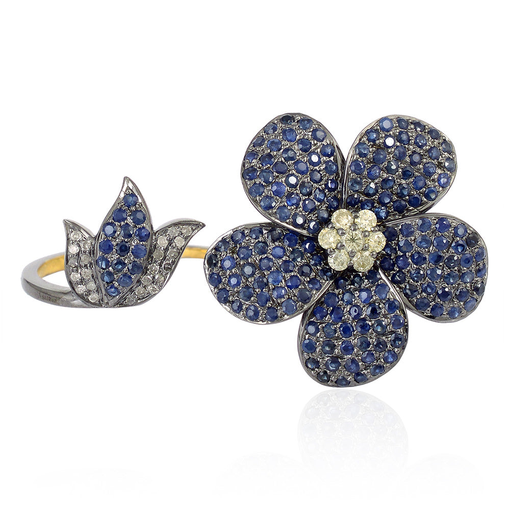 Sapphire Diamond 18k Gold Silver Floral Design Two Finger Ring