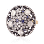 Blue Sapphire Rose Cut Diamond 18Kt Gold Cocktail Ring 925 Sterling Silver Jewelry Gift