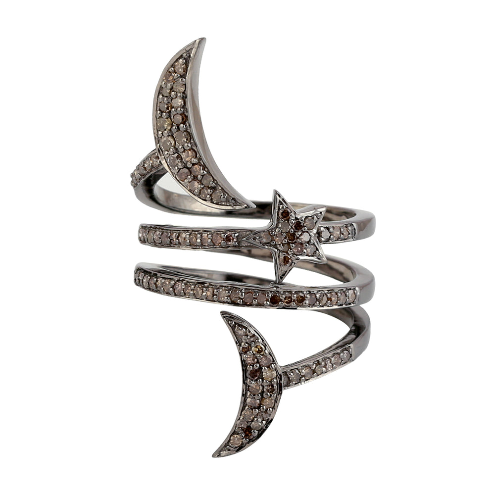 925 Sterling Silver Diamond Moon & Star Band Ring Handmade Jewelry