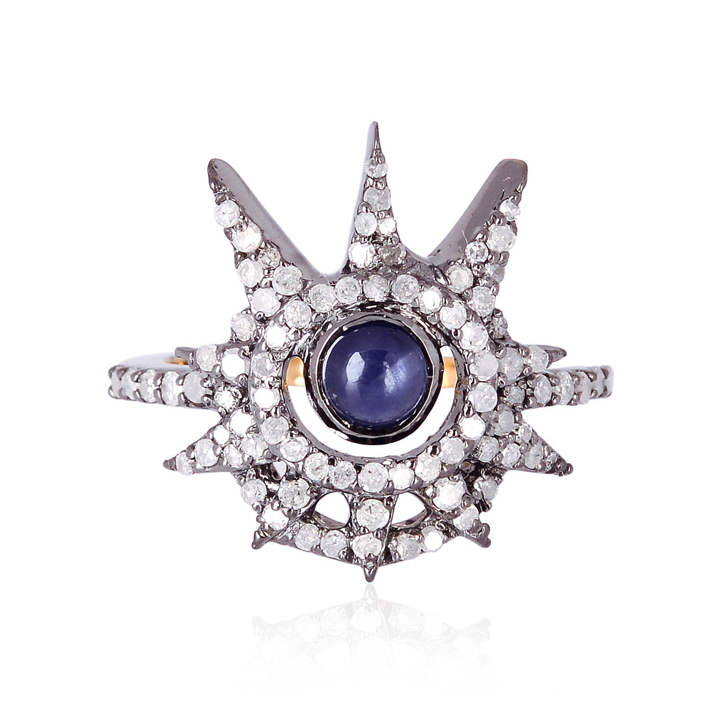 Pave Diamond & Blue Sapphire Gemstone Sunburst 18Kt Gold 925 Sterling Silver Ring Jewelry