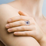 Pave Diamond & Blue Sapphire Gemstone Sunburst 18Kt Gold 925 Sterling Silver Ring Jewelry