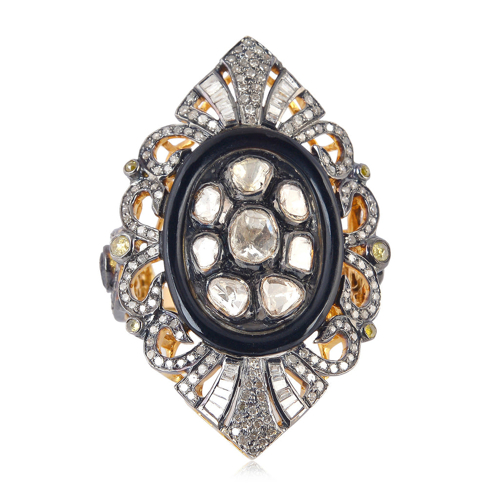 Uncut Diamond Onyx Vintage Ring In 18k Gold Silver