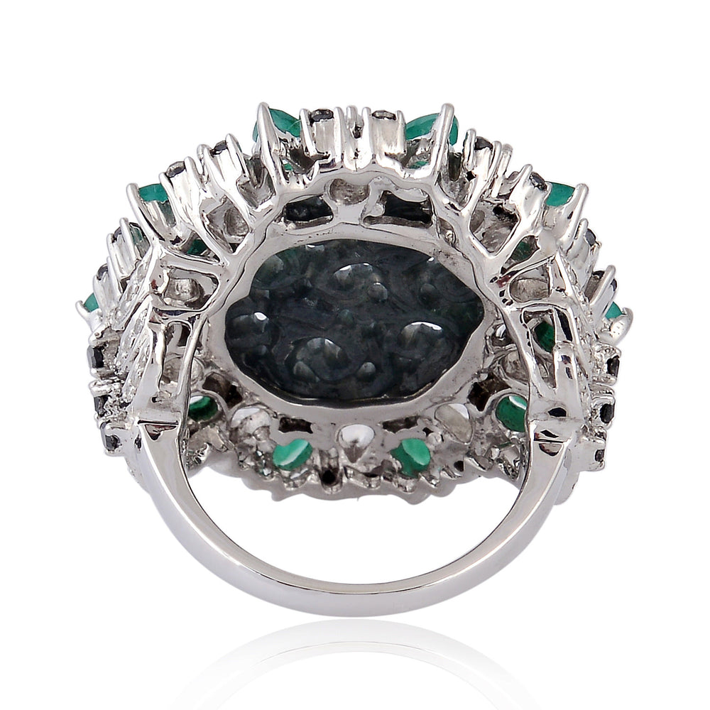 Natural Carved Jade Emerald Sapphire Wedding Cocktail Ring In 18k Gold Silver