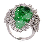 Carved Jade Sapphire Pave Diamond Designer Handmade Ring in 18k White Gold