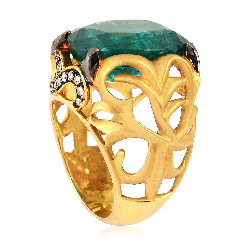 Faceted Emerald Diamond Dome Ring In 18k Gold For Gift