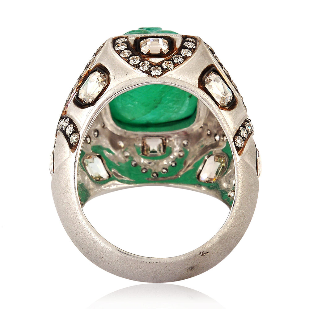 Handcarved Emerald Diamond Cocktail Vintage Ring In 18k Gold