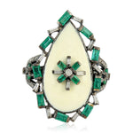 Emerald Diamond Pear Shaped Long Ring 18k Gold 925 Sterling Silver