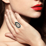 Soild 18k White Gold Blue Diamond Geode White Gold Long Ring For Women