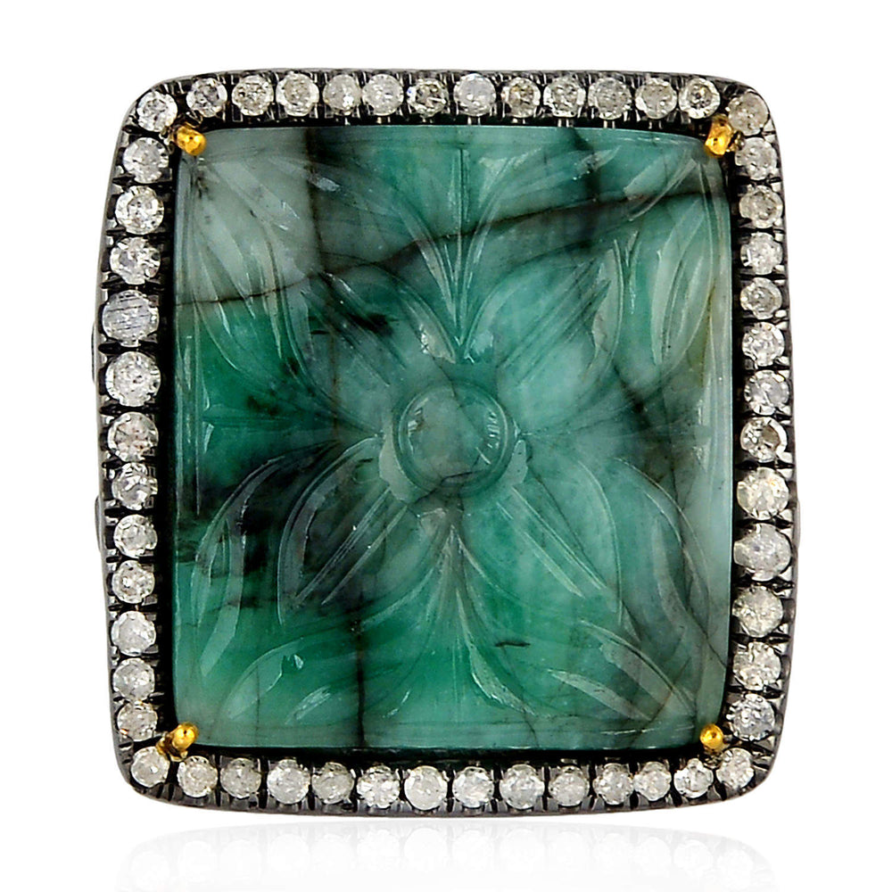 Emerald Carved Diamond Square Vintage Ring in 18k Gold Silver For Gift