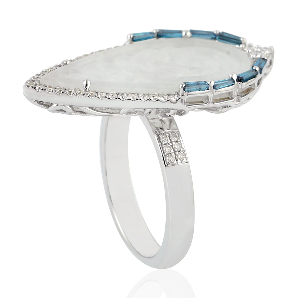 Baguette Diamond Filigree Jade Pear Shaped Long Ring In 18k White Gold