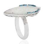 Baguette Diamond Filigree Jade Pear Shaped Long Ring In 18k White Gold