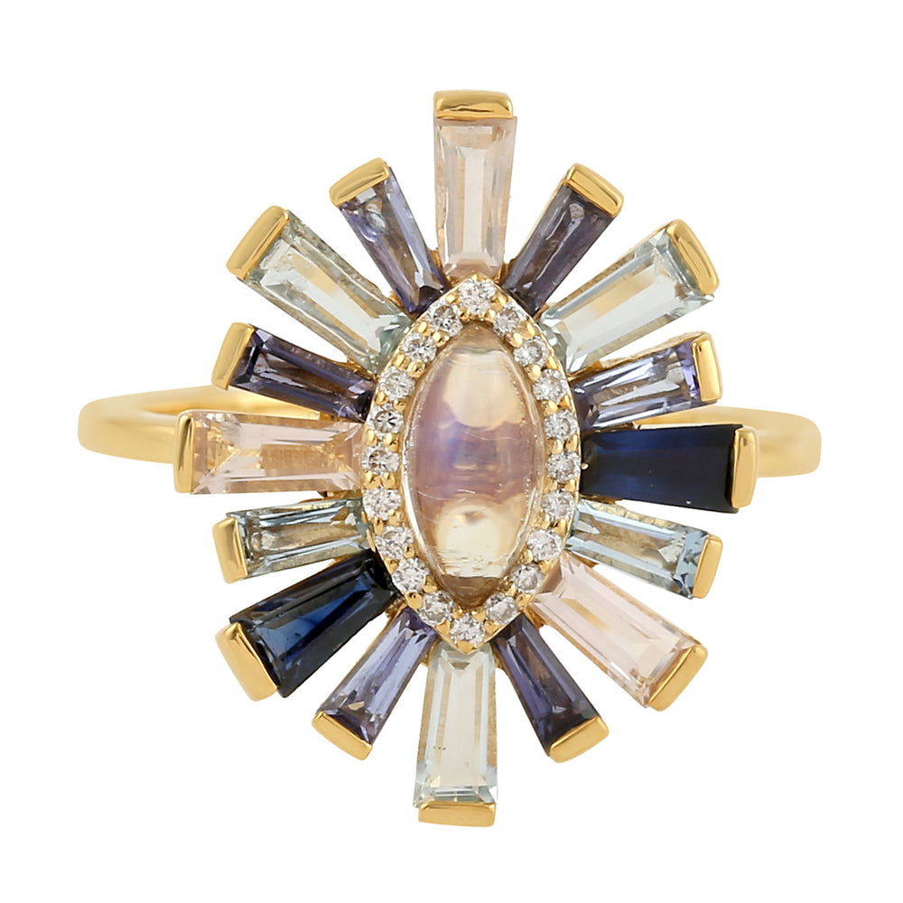 Baguette Topaz,Moonstone,Quartz,Lolite Multiple Gemstone Cocktail Ring 18k Yellow Gold Diamond Jewelry