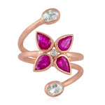 Ruby Diamond Floral Design Long Ring In 18k Rose Gold