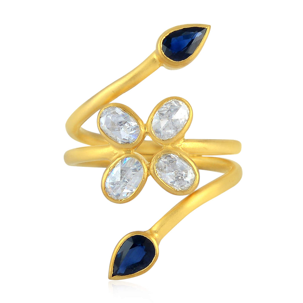 Natural Diamond Sapphire Long Ring In 18k Yellow Gold