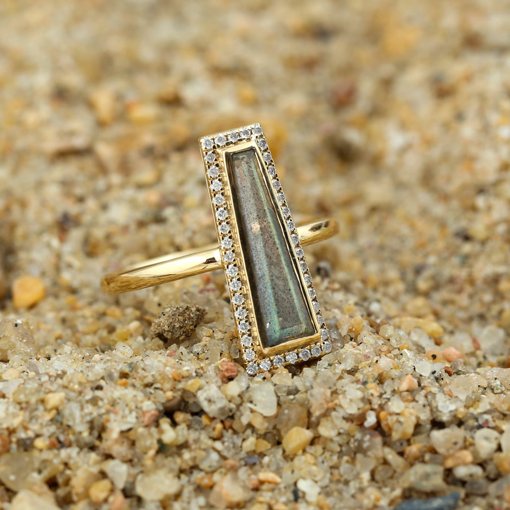Solid 18k Yellow Gold Natural Labradorite & Pave Diamond Geometric Ring Statement Jewelry