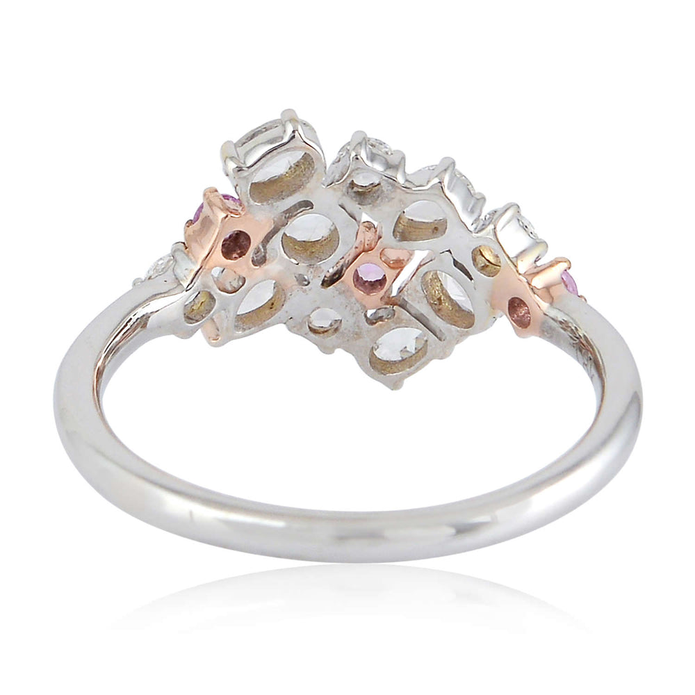 18K Solid White Gold Rose Cut Diamond Pink Sapphire Cluster Ring Gift