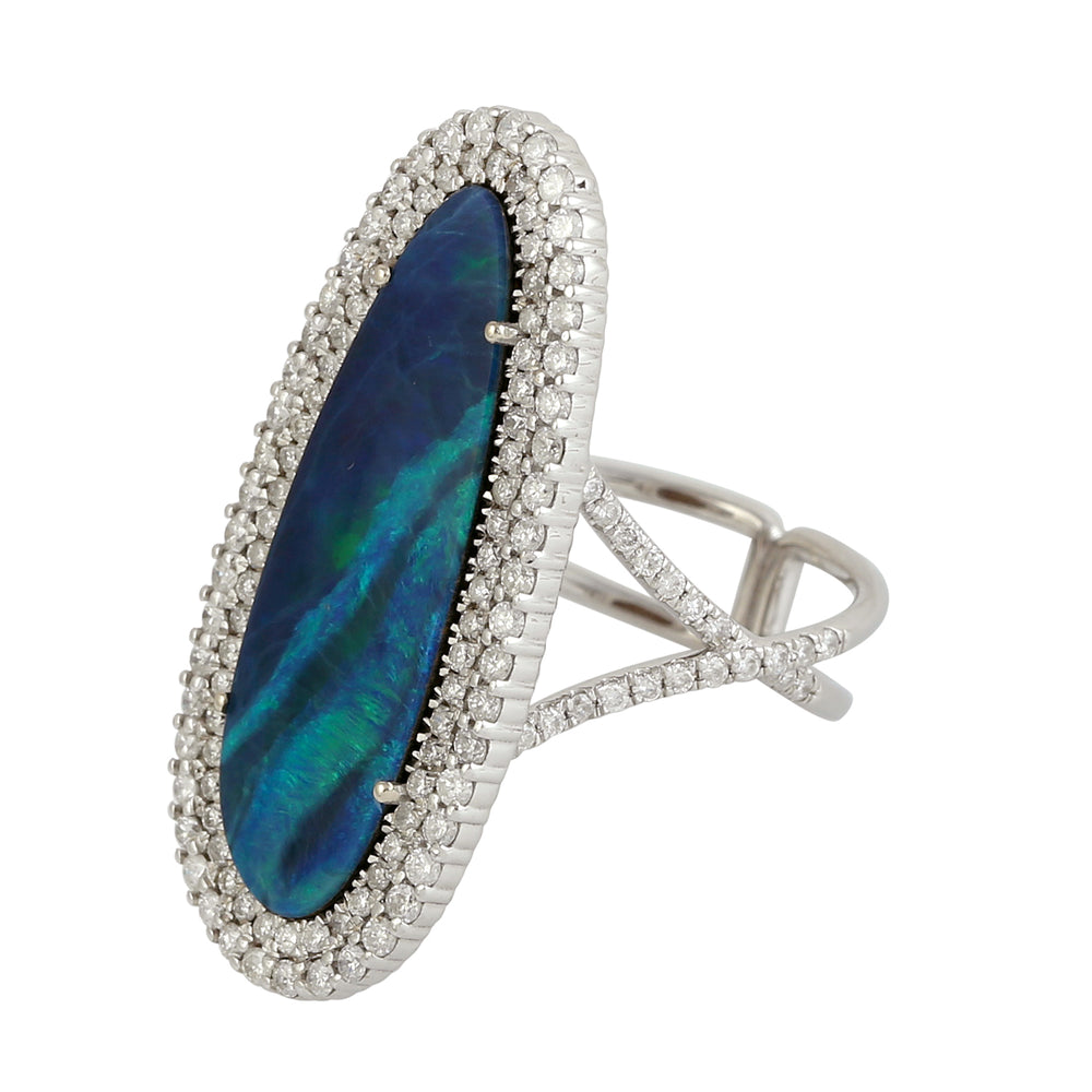 Oval Opal Doublet Diamond Long Ring In 18k Yellow Gold For Her