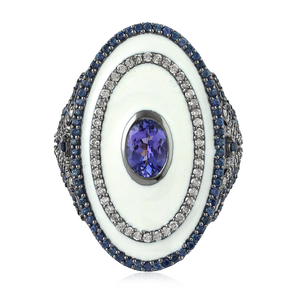 Bezel Set Blue Sapphire Diamond Cocktail Ring Silver 18K Gold Jewelry Gift