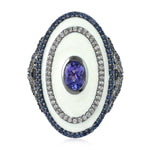 Bezel Set Blue Sapphire Diamond Cocktail Ring Silver 18K Gold Jewelry Gift