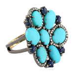 Blue Sapphire Pave Diamond Turquoise Gemstone Cluster Ring 18K Gold Silver Jewelry Gift