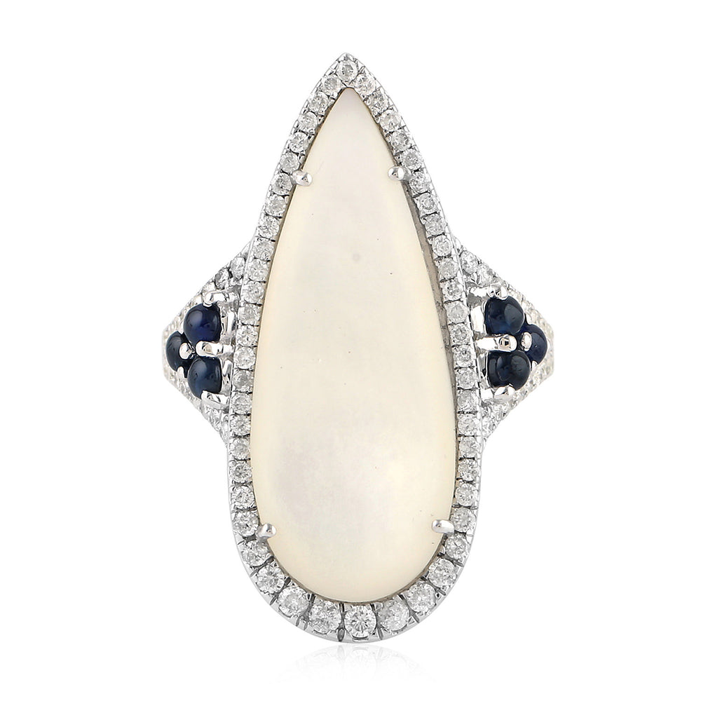 Pave Diamond Blue Sapphire White Gold Mother Of Pearl Cocktail