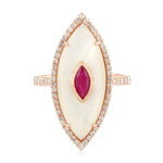 Marquise Mother of Pearl & Ruby Gemstone Cocktail Ring Birthstone June 18k Rose Gold
