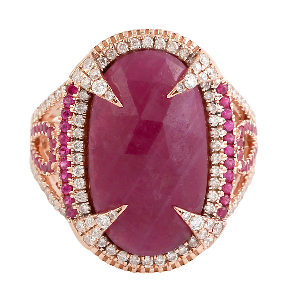Natural Ruby Pave Diamond Anniversary Ring In 18k Yellow Gold Gift