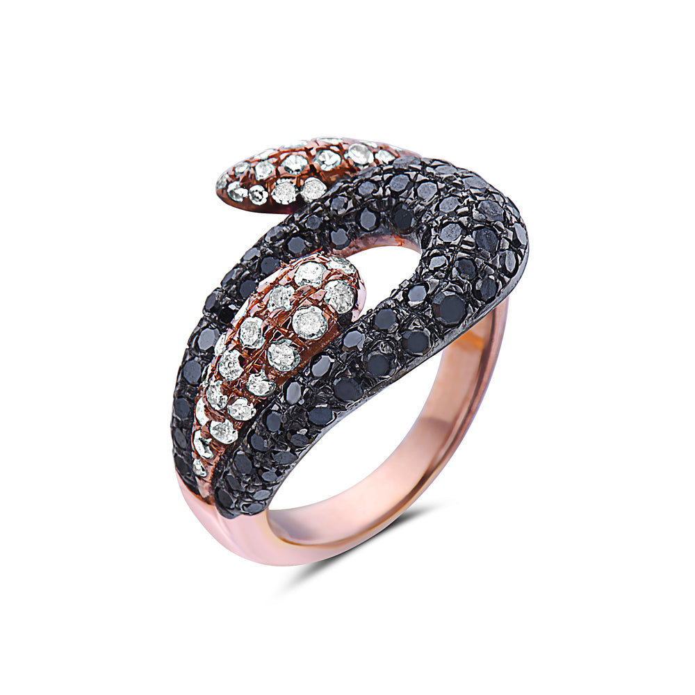 Studded Black White Diamond Bypass Designer Ring Sterling Silver 18k Gold Jewelry