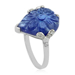Handcarved Tanzanite Diamond Pear Shaped Ring In 18k White Gold