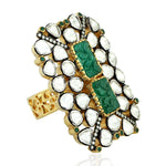 Uncut Diamond Carving Emerald 18k Gold Cocktail Ring 925 Sterling Silver Handmade Jewelry