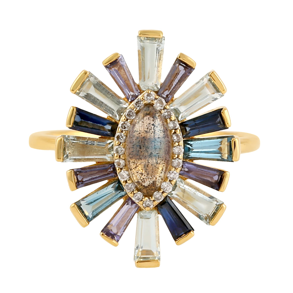 18k Yellow Gold Tapered Baguette Multiple Gemstone Sunburst Cocktail Ring Fine Jewelry