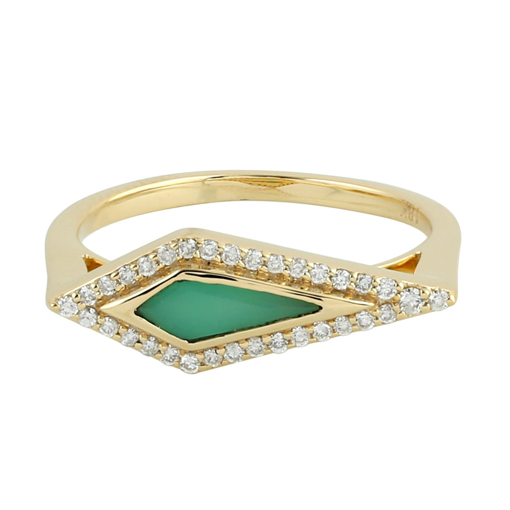 Marquise Chrysoprase Pave Diamond Geometric Dainty Ring Set In 18k Yellow Gold