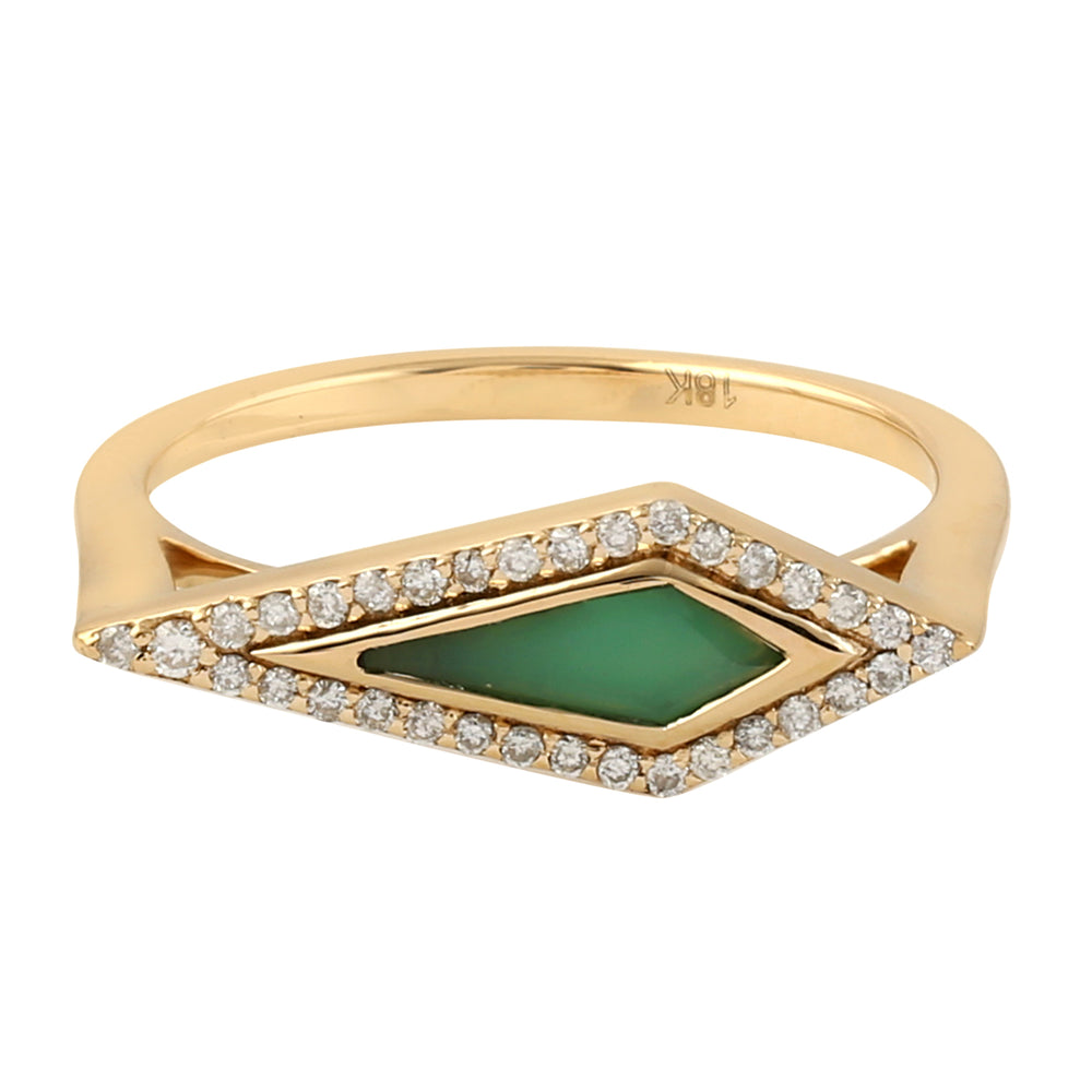 Marquise Chrysoprase Pave Diamond Geometric Dainty Ring Set In 18k Yellow Gold