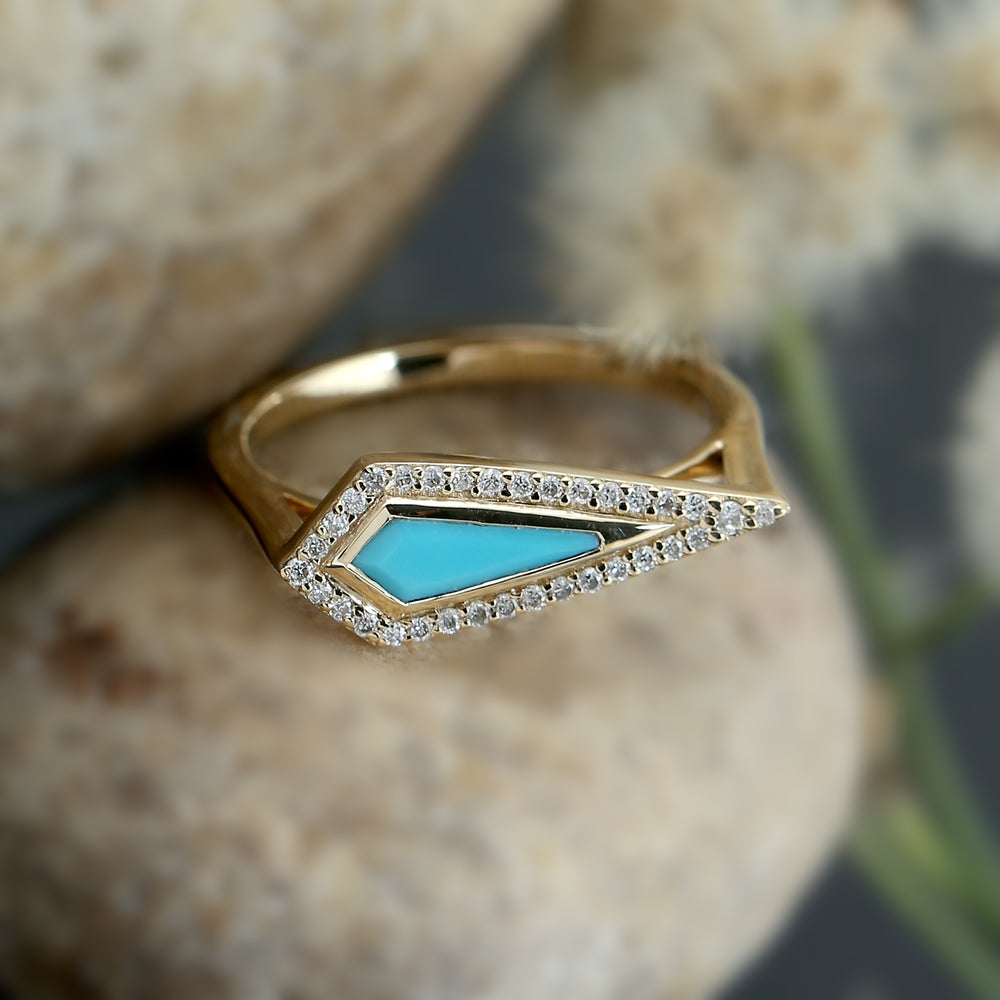Turquoise & Studded Diamond Geometric Dainty Ring Jewelry In 18k Yellow Gold