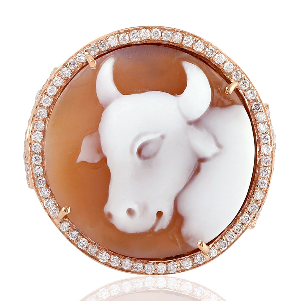 Engraved Shell Cameo Diamond Cocktail Ring In 18k Rose Gold