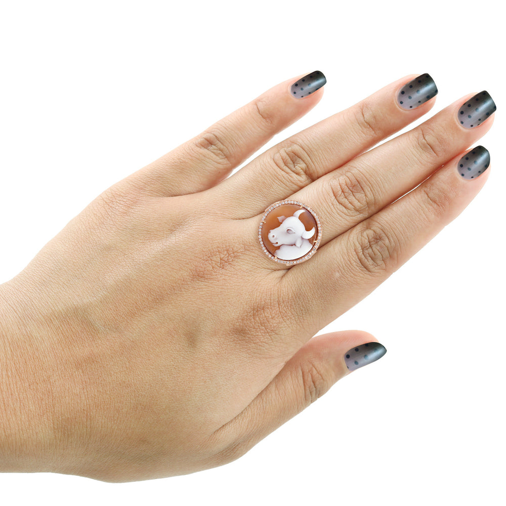 Engraved Shell Cameo Diamond Cocktail Ring In 18k Rose Gold