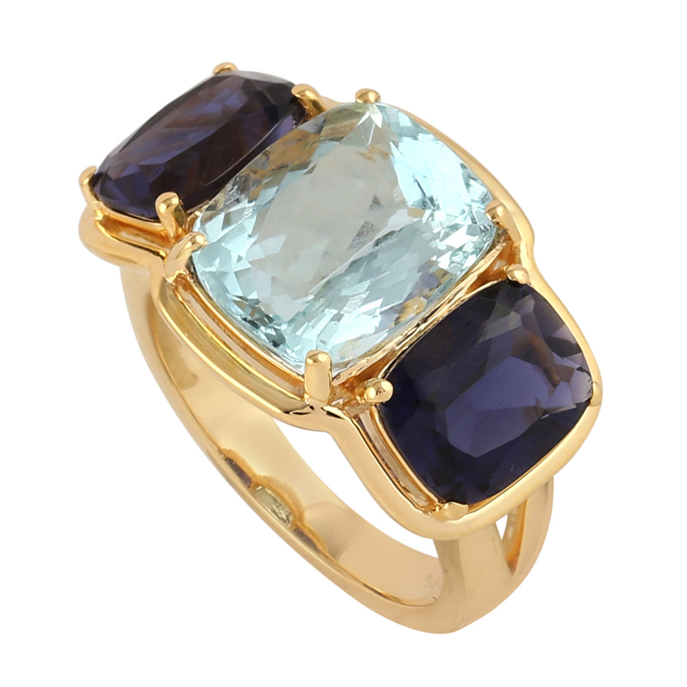 Natural Aquamarine Lolite Three Stone Beautiful Big Ring In 18k Yellow Gold