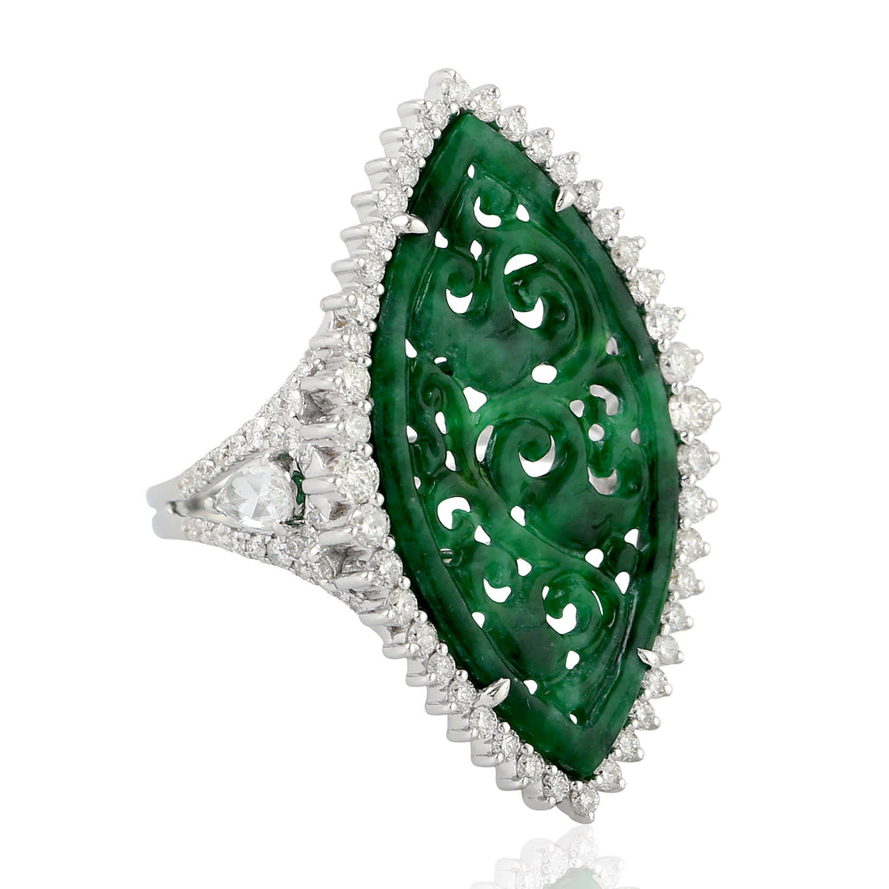 s Gift Carved Jade Ring Pave Diamond Marquise Gemstone Ring 18k White Gold Jewelry