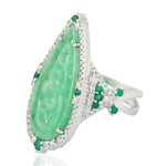 Carved Jade Emerald Diamond Long pear Shaped Ring in 18k White Gold