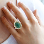 Carved Emerald Diamond Beautiful Oval Cocktail Wedding Ring in 18k Gold