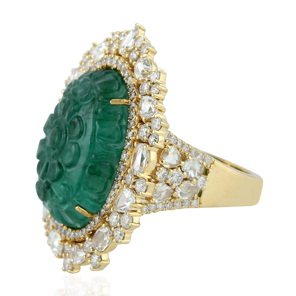 Carved Emerald Diamond Beautiful Oval Cocktail Wedding Ring in 18k Gold