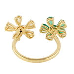 18k Yellow Gold Between The Finger Flower Emerald Diamond Ring Jewelry